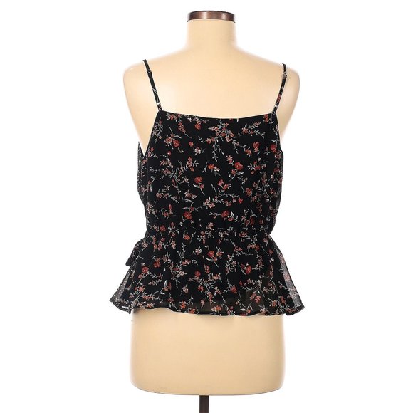 paper crane Black Multicolor Floral Double Print Surplice Wrap Peplum Tank Top - Picture 10 of 14